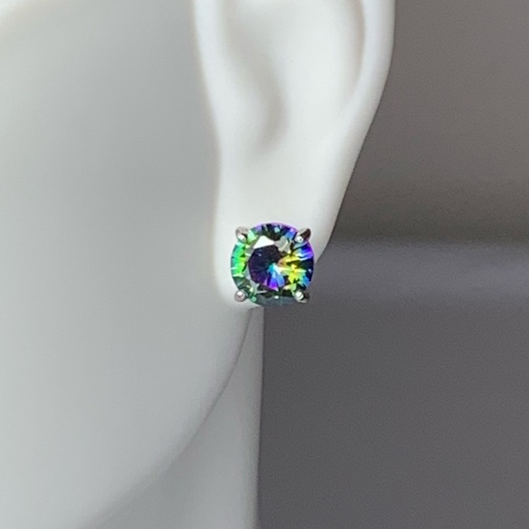 Silver Plated Round Rainbow CZ Stud Earrings - Picture 2 of 2